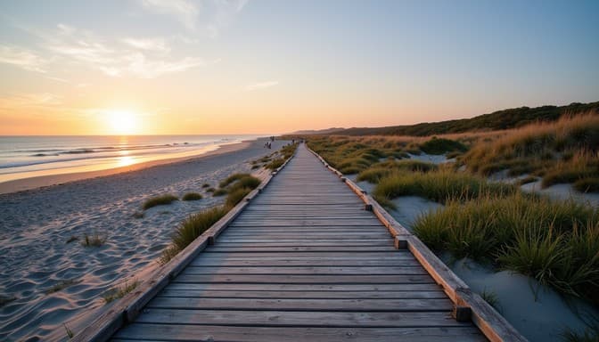 A wooden boardwalk through dune grass leading to a beach at sunset